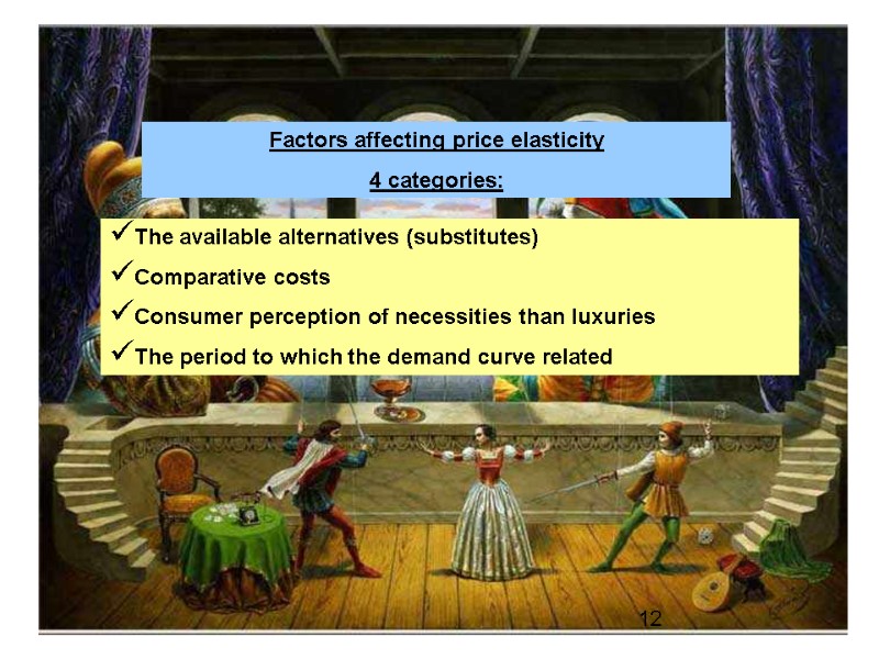 Factors affecting price elasticity 4 categories: The available alternatives (substitutes)  Comparative costs Consumer
